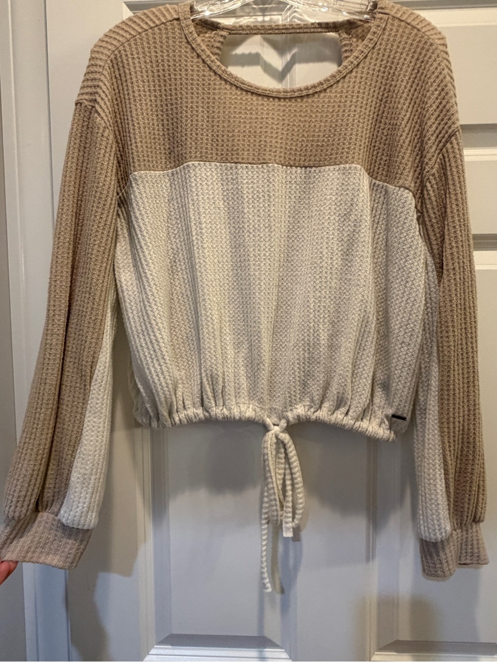 Hollister Beige and Cream Colorblock Waffle-Knit Drawstring Sweater
